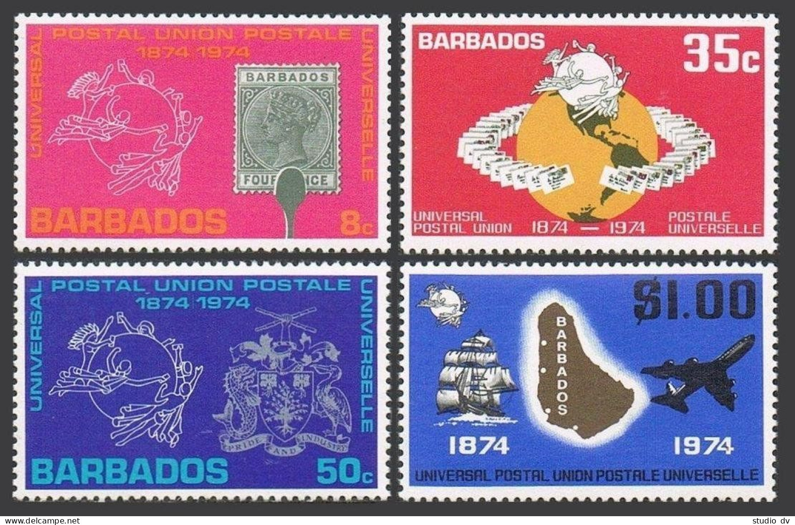 Barbados 412-415, MNH. Michel 381-384. UPU-100, 1974. Globe, Arms, Ship, Jet. - Barbades (1966-...)