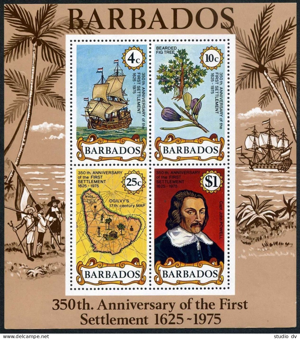 Barbados 431a,MNH.Michel Bl.8. 1st Settlement,350th Ann.Capt.J,Powell,Map,Fruit. - Barbados (1966-...)
