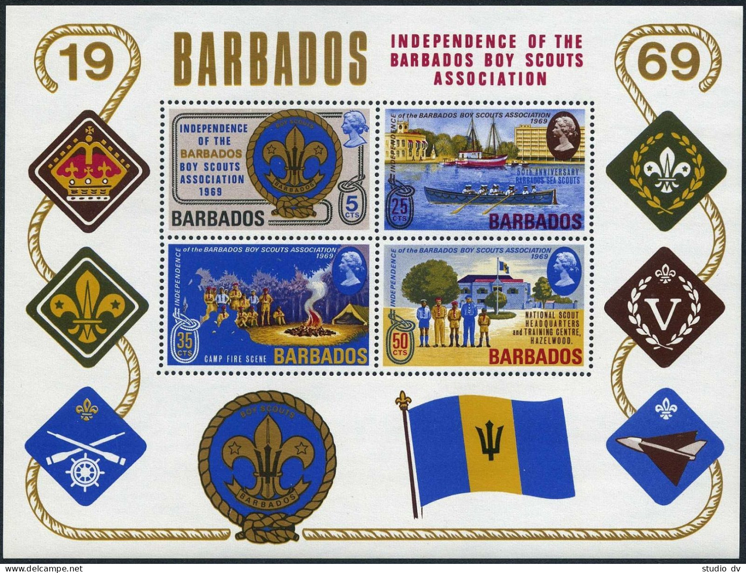 Barbados 323-326, 326a, MNH. Mi 292-295,Bl.2. Boy Scouts,1969. Bridgetown Harbor - Barbades (1966-...)