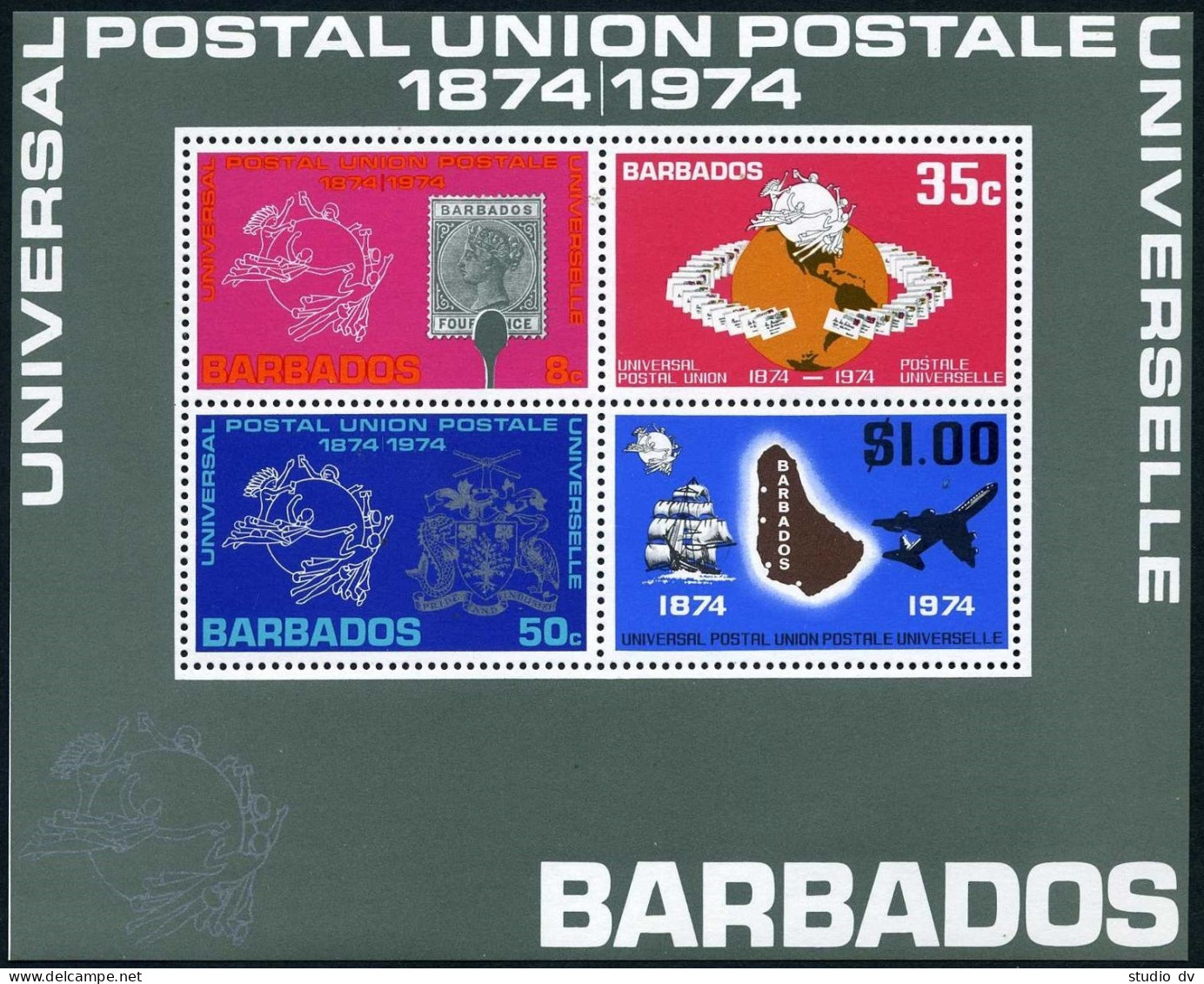 Barbados 415a Sheet,MNH.Michel Bl.5. UPU-100,1974.Globe,Sailing Ship,Jet. - Barbados (1966-...)