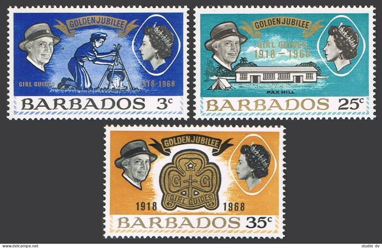 Barbados 306-308, MNH. Girl Scouts-50.1968. Lady Baden-Powell.Campfire,Pax Hill, - Barbados (1966-...)