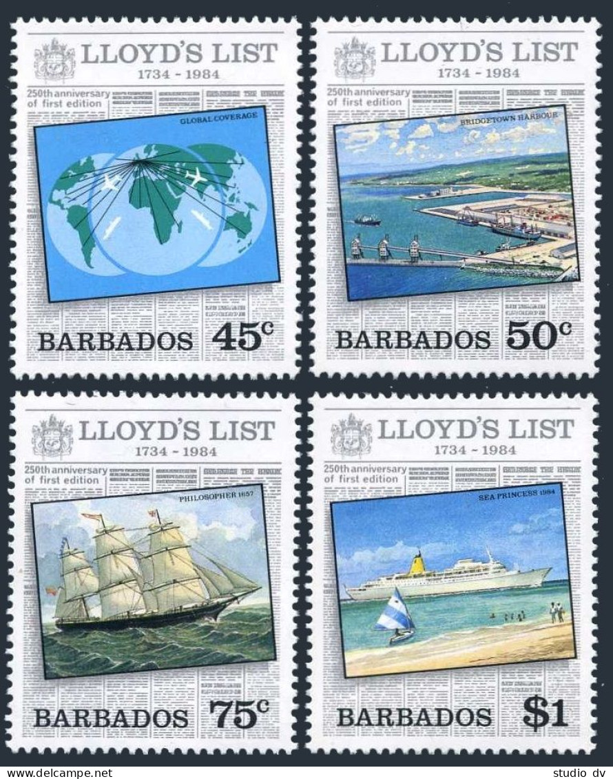 Barbados 627-630, MNH. Mi 604-607. Lloyd's List, 1984. World Map, Harbor, Ships. - Barbados (1966-...)
