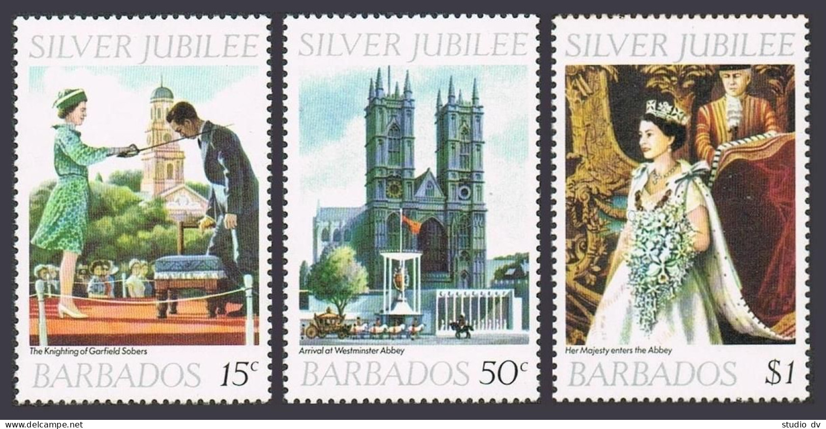 Barbados 452-454,MNH.Michel 417-419. Reign Of QE II,25,1977.Westminster Abbey. - Barbades (1966-...)