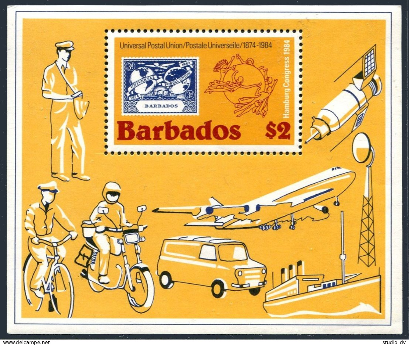 Barbados 631, MNH. Michel Bl.18. UPU-110, 1984. Bicycle, Airplane, Space. - Barbades (1966-...)