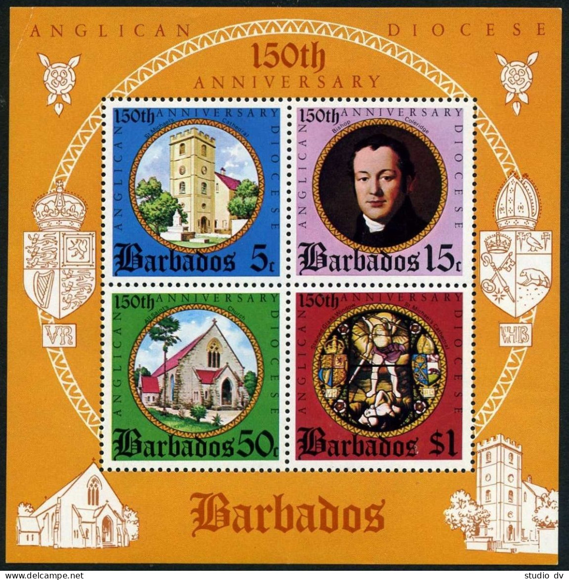Barbados 420-423,423a,MNH.Michel 389-392,Bl.6. Anglican Diocese,1975.Churches. - Barbades (1966-...)