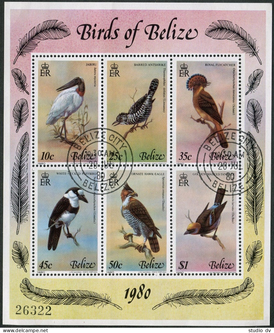 Belize 500, CTO. Mi 493-498 Bl.18. Birds. Jabiru, Barred Antshrike, Flycatcher, - Belize (1973-...)