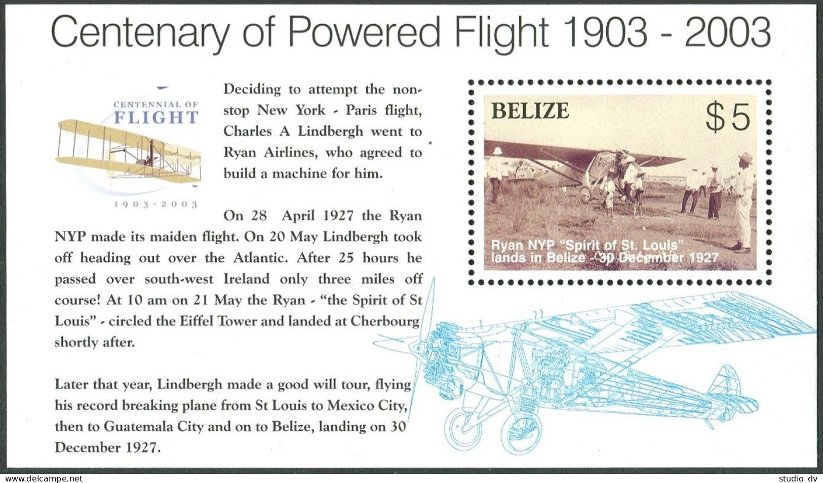 Belize 1164-1167, 1168, MNH. Powered Flight, Centenary, 2003. Spirit Of St Louis - Belize (1973-...)