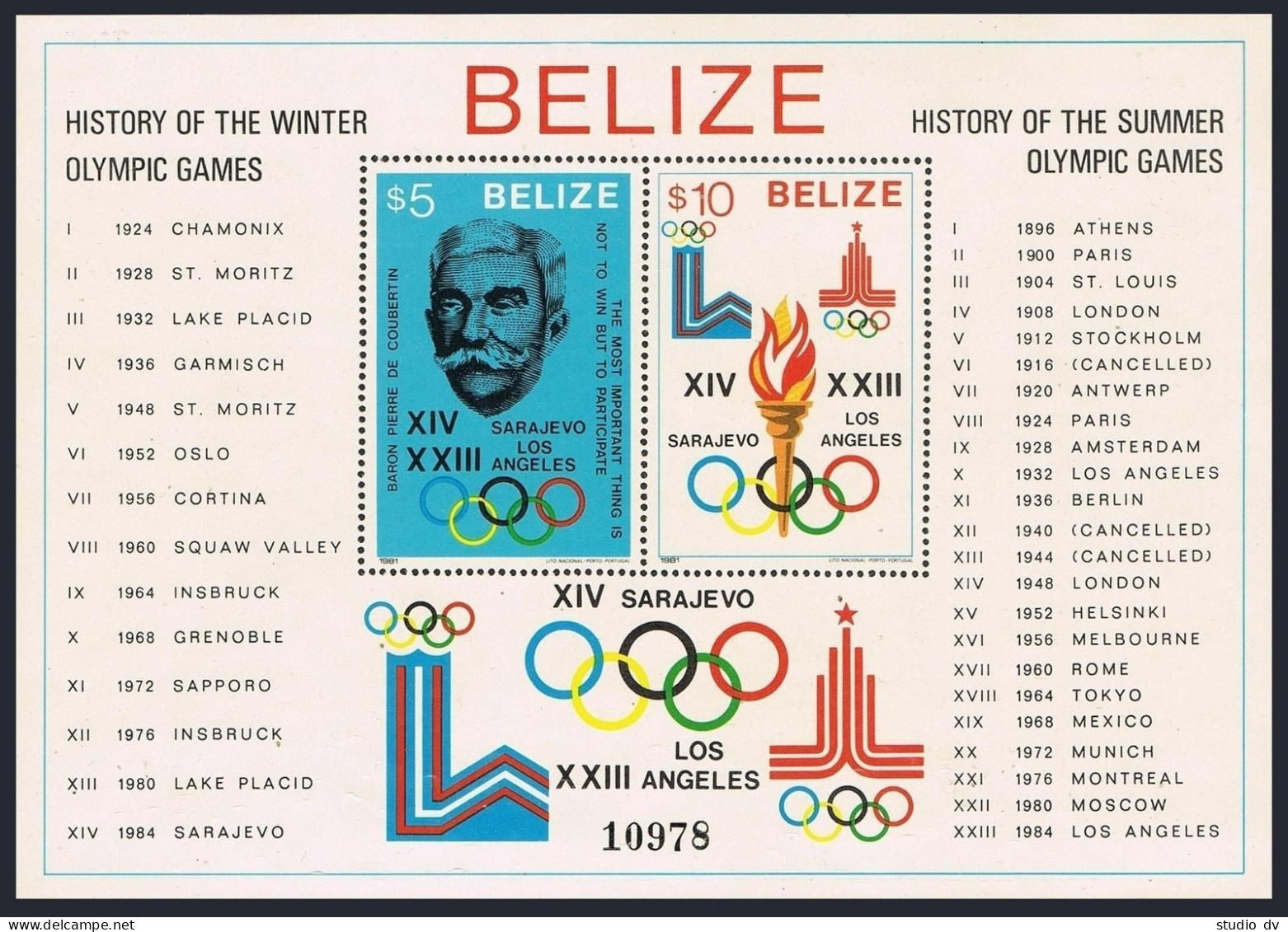 Belize 555-562,MNH. Olympics Lake Placid-1980, Moscow-1980. Pierre De Coubertin. - Belize (1973-...)