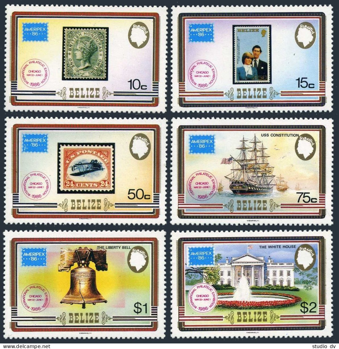 Belize 820-821 Ac, Lightly Hinged. AMERIPEX-1986. Stamp On Stamp, Bell, - Belize (1973-...)