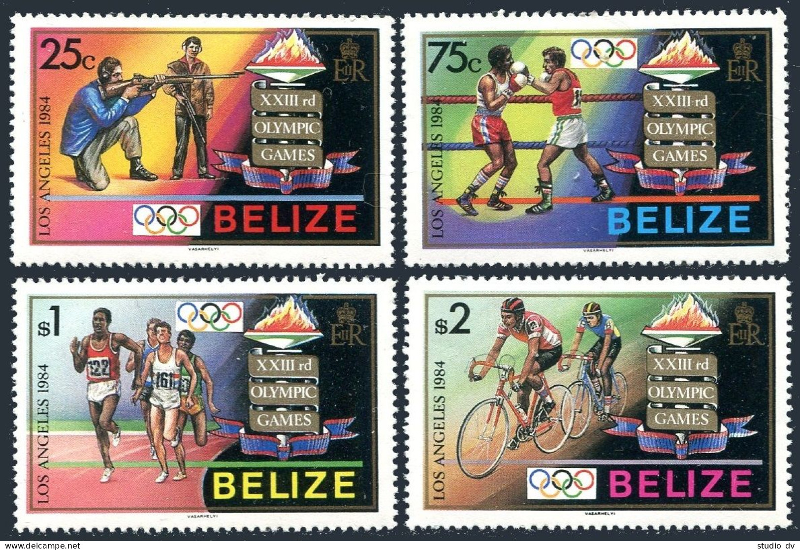 Belize 717-720,721,MNH. Olympics Los Angeles-1984.Shooting,Boxing,Running,Discus - Belize (1973-...)