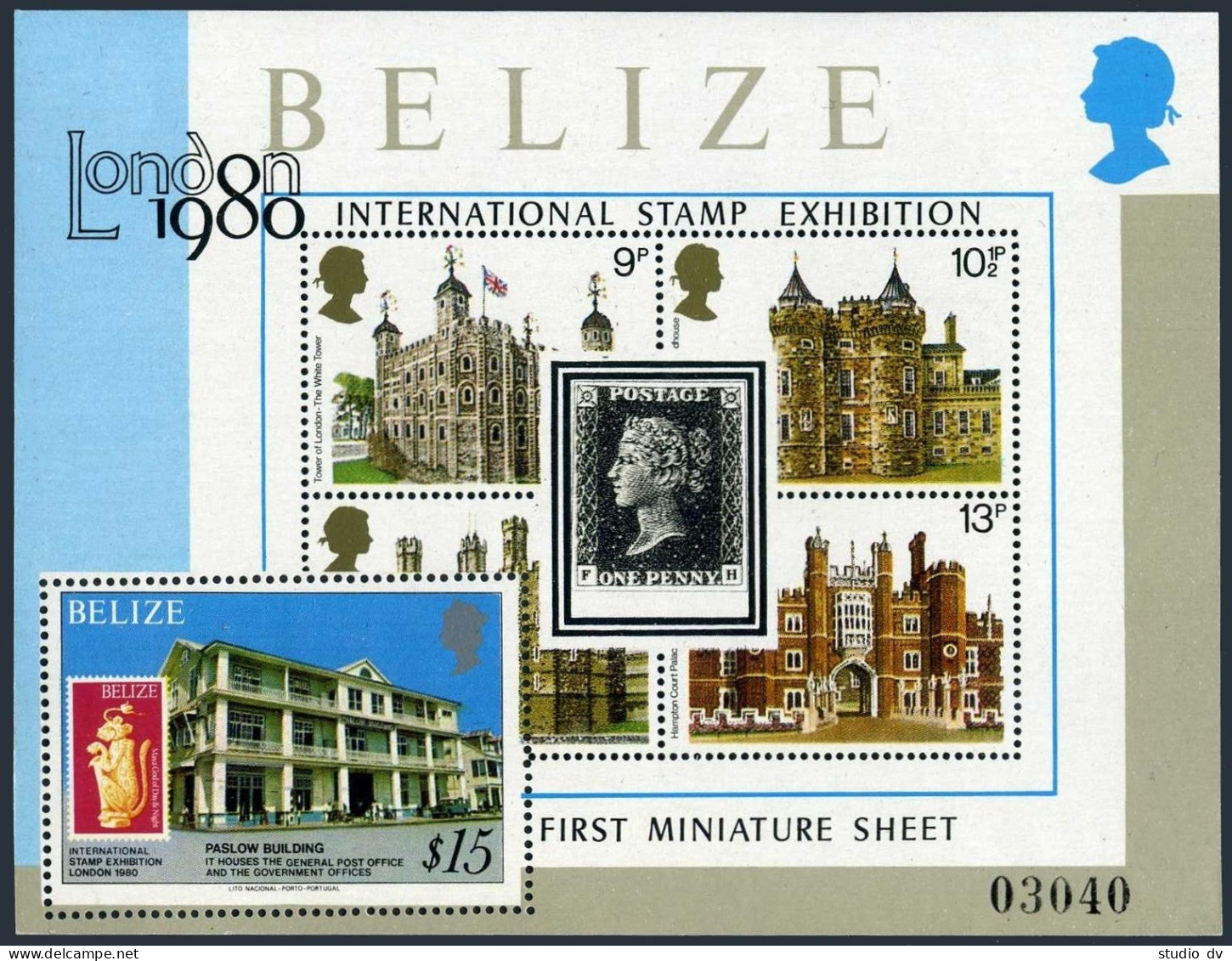 Belize 439,MNH.Michel 419 Bl.7. QE II,Coronation.LONDON-1980.Paslow Building. - Belize (1973-...)