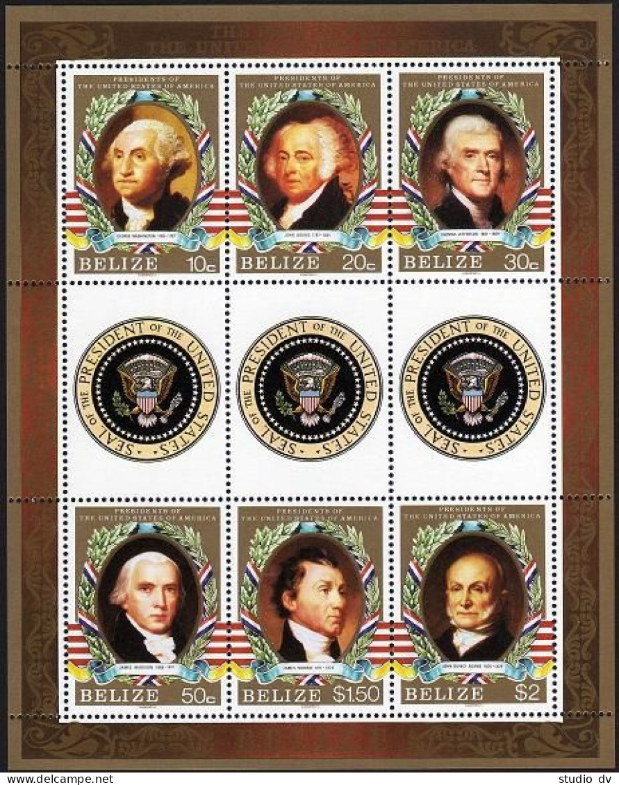 Belize 815 Sheet/labels, 816, MNH. US Presidents. Arms. - Belize (1973-...)