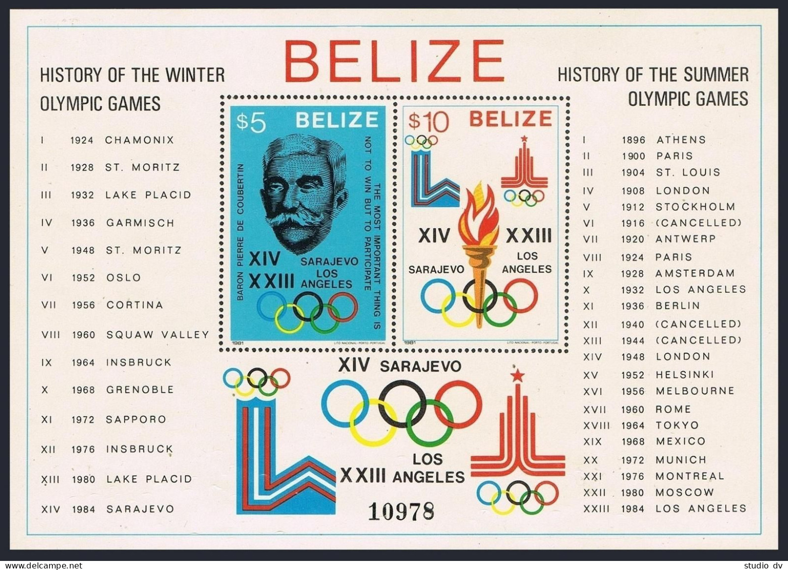 Belize 561-562,MNH. Olympics Lake Placid-1980, Moscow-1980. Pierre De Coubertin. - Belize (1973-...)