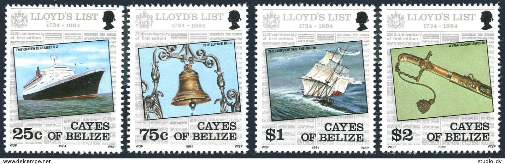 Cayes Of Belize 10-13,MNH. Mi 10-13. Lloyd's List,1984. Lutine Bell, Ship, Sword - Belize (1973-...)