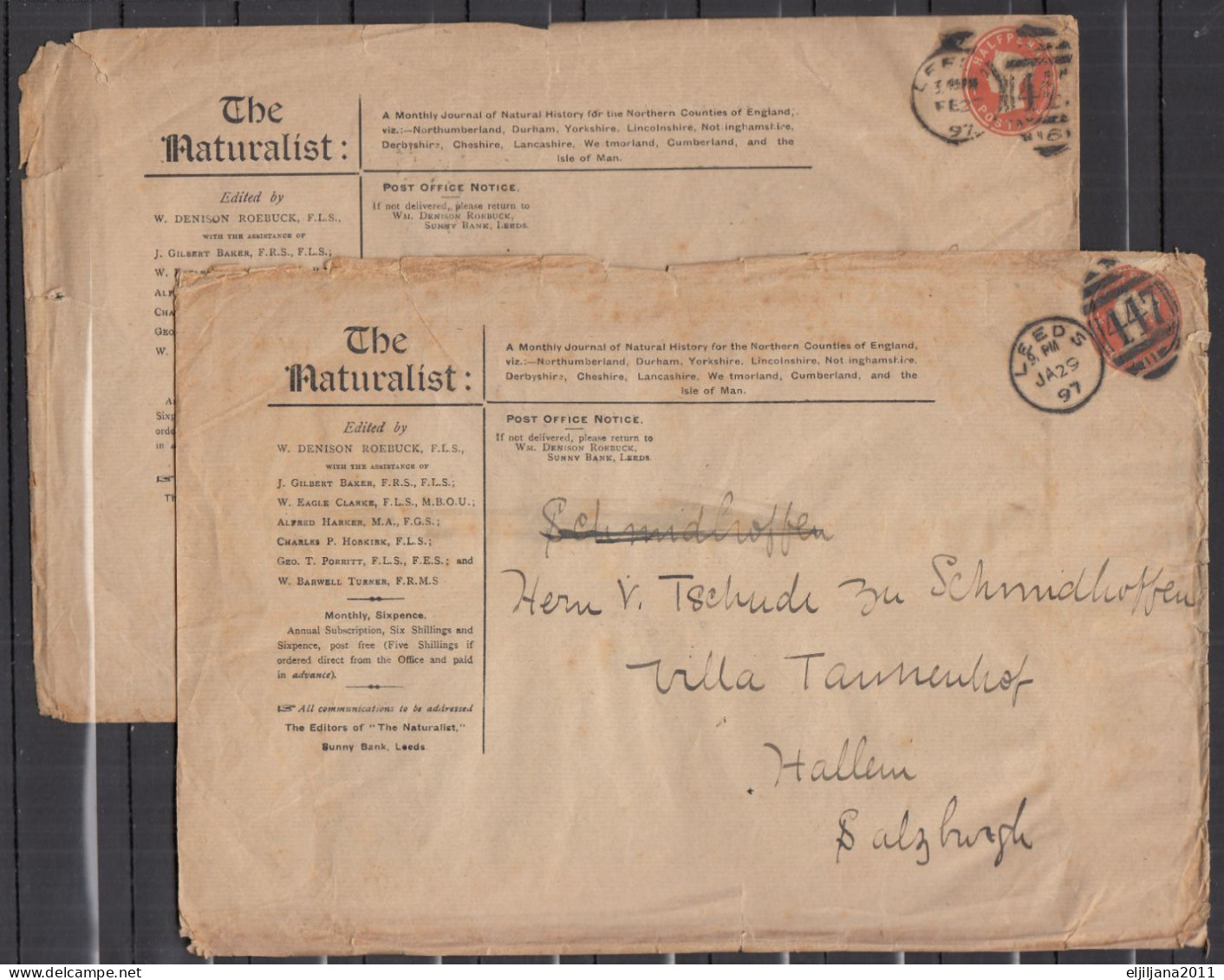 Great Britain - GB / UK 1897 ⁕ QV, "The Naturalist" Two Old Cover LEEDS - UNTERHALLAU (Hallau), HALIEIN - See Scan - Briefe U. Dokumente