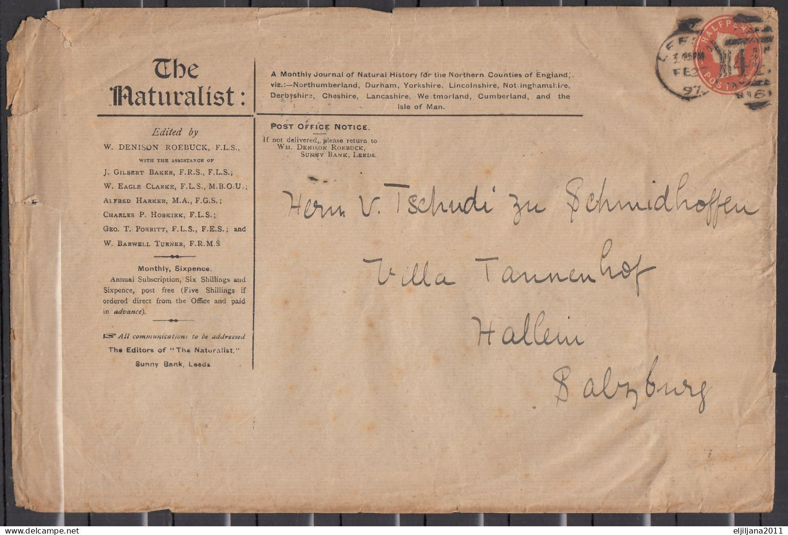 Great Britain - GB / UK 1897 ⁕ QV, "The Naturalist" Two Old Cover LEEDS - UNTERHALLAU (Hallau), HALIEIN - See Scan - Storia Postale