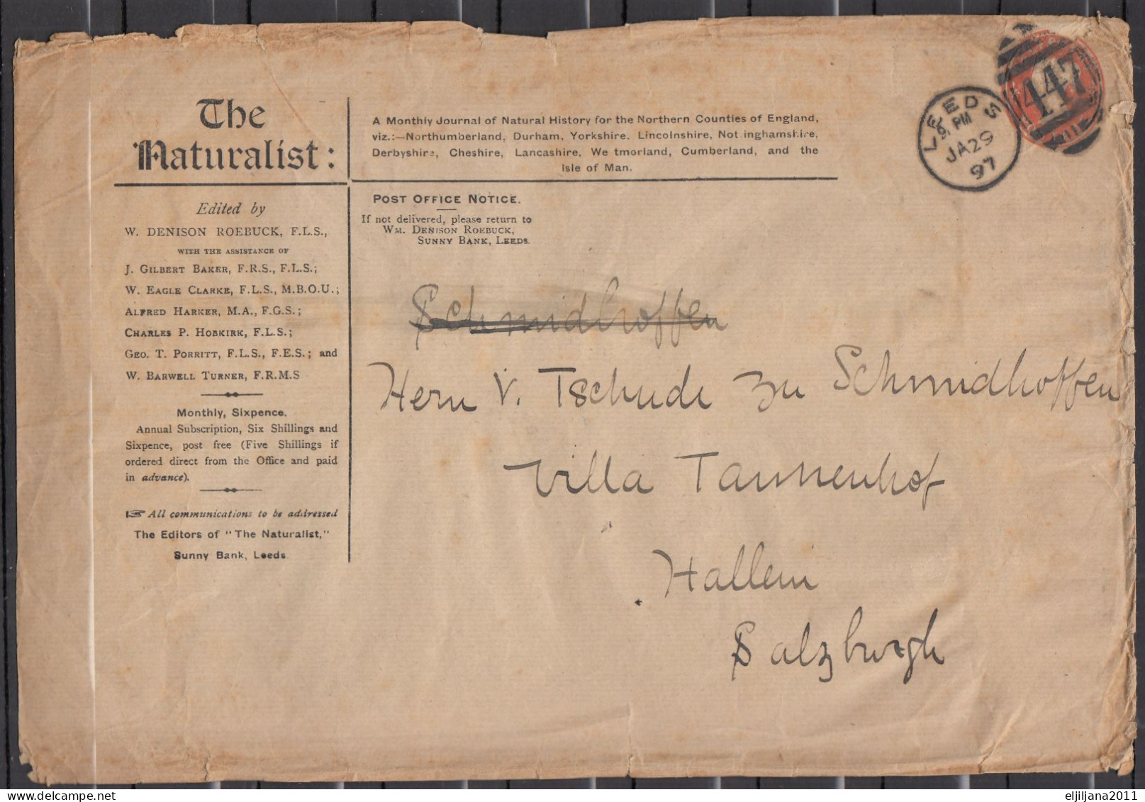 Great Britain - GB / UK 1897 ⁕ QV, "The Naturalist" Two Old Cover LEEDS - UNTERHALLAU (Hallau), HALIEIN - See Scan - Lettres & Documents