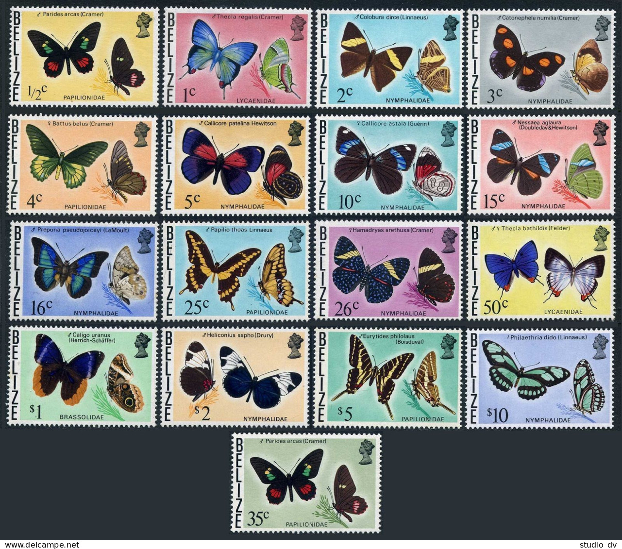 Belize 345-360, 355A, MNH. Michel 330-345, 370. Butterflies Of Belize 1974-1977. - Belize (1973-...)