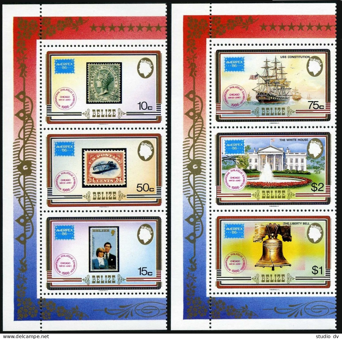 Belize 820-821 Strips, 822, MNH. Mi 892-898, Bl.92. AMERIPEX-1986. Liberty Bell, - Belize (1973-...)