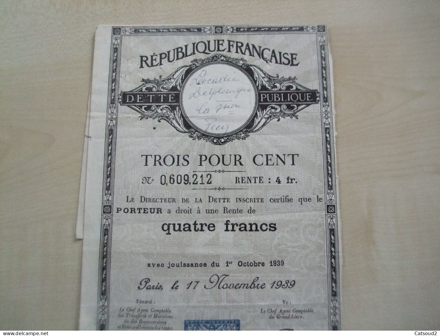 Rente Ancienne 1939 REPUBLIQUE FRANCAISE - Altri & Non Classificati