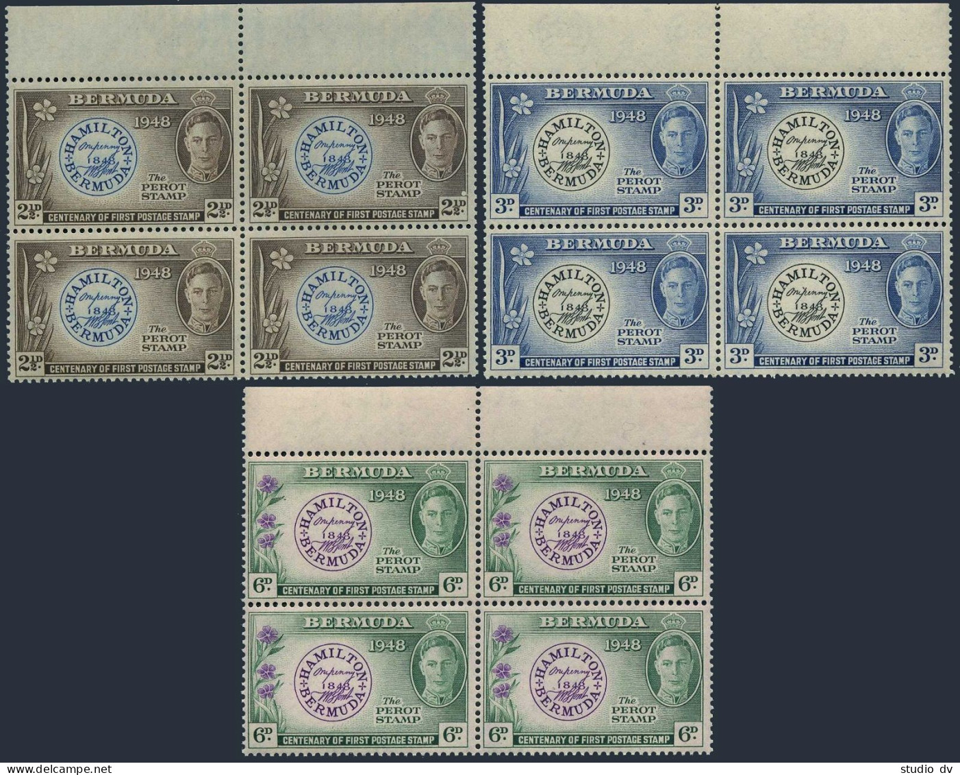 Bermuda 135-137 Blocks/4,MNH. Mi 122-124. 1949. Perot Stamp, Floral Arrangement. - Bermudes