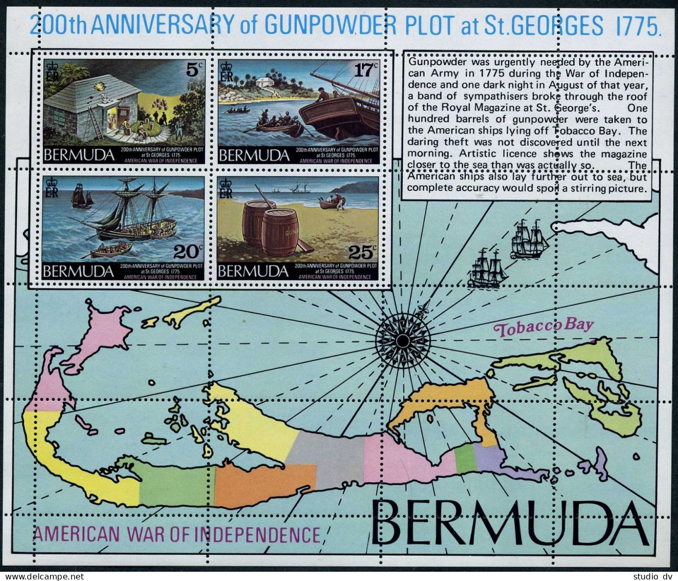 Bermuda 329-332, 332a, Hinged. Mi 318-321, Bl.3. USA-200, 1976. Gunpowder Plot. - Bermuda