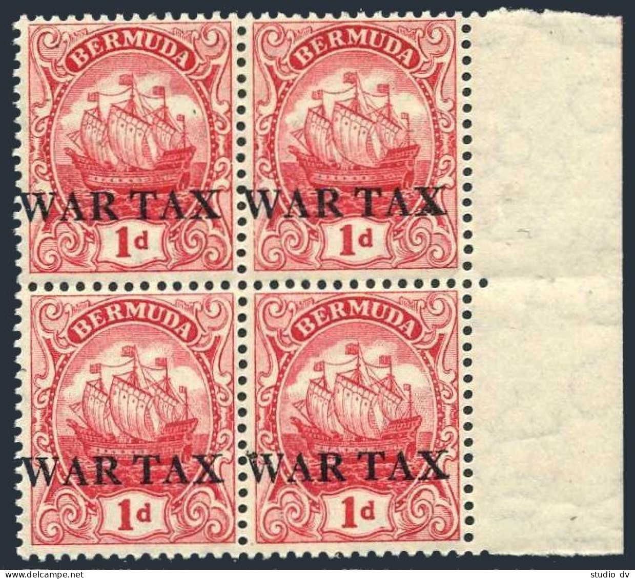 Bermuda MR1 Block Of 4,MNH.Michel 49. War Tax Stamp 1918.Caravel. - Bermudes