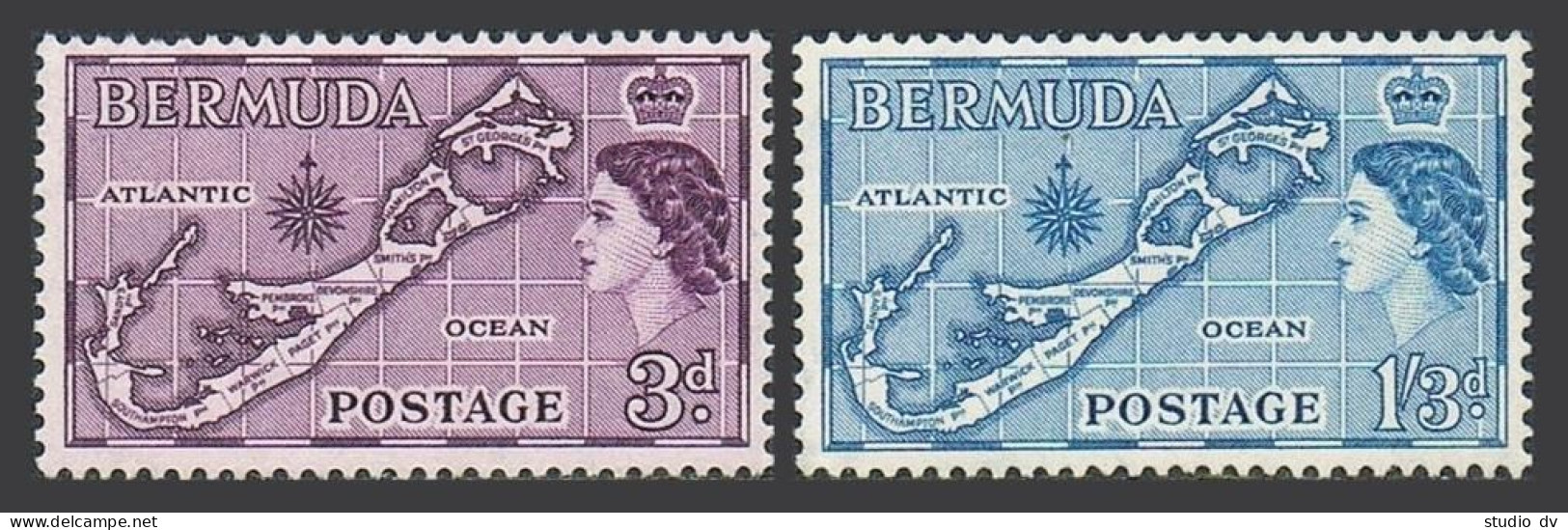 Bermuda 149,157 Sandys Without ',lightly Hinged. Michel 153-154. QE II,1957.Map. - Bermuda