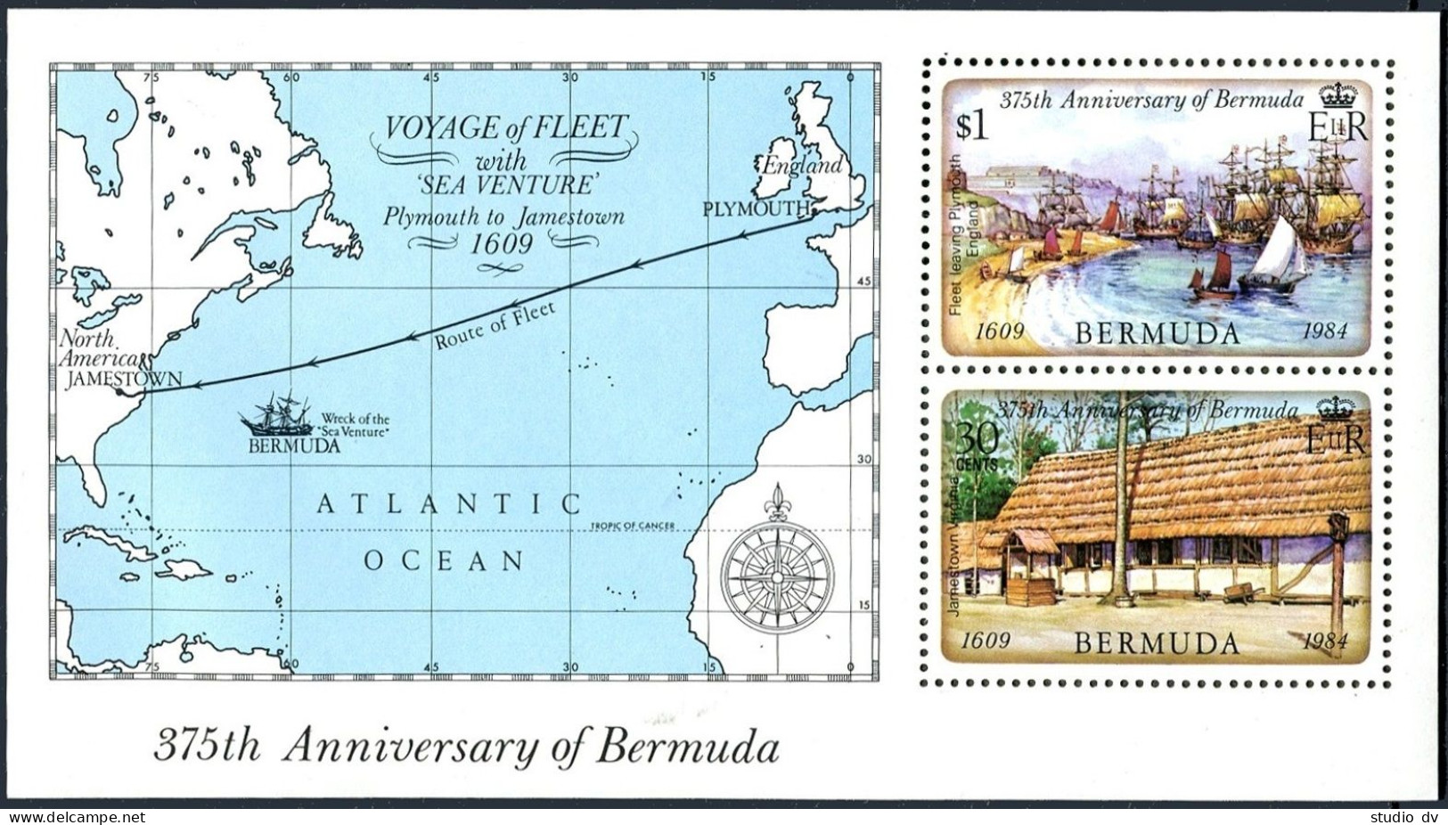 Bermuda 452a, MNH. Mi Bl.4. Bermuda Settlement-350, 1984. Sailing Ships, Map. - Bermuda