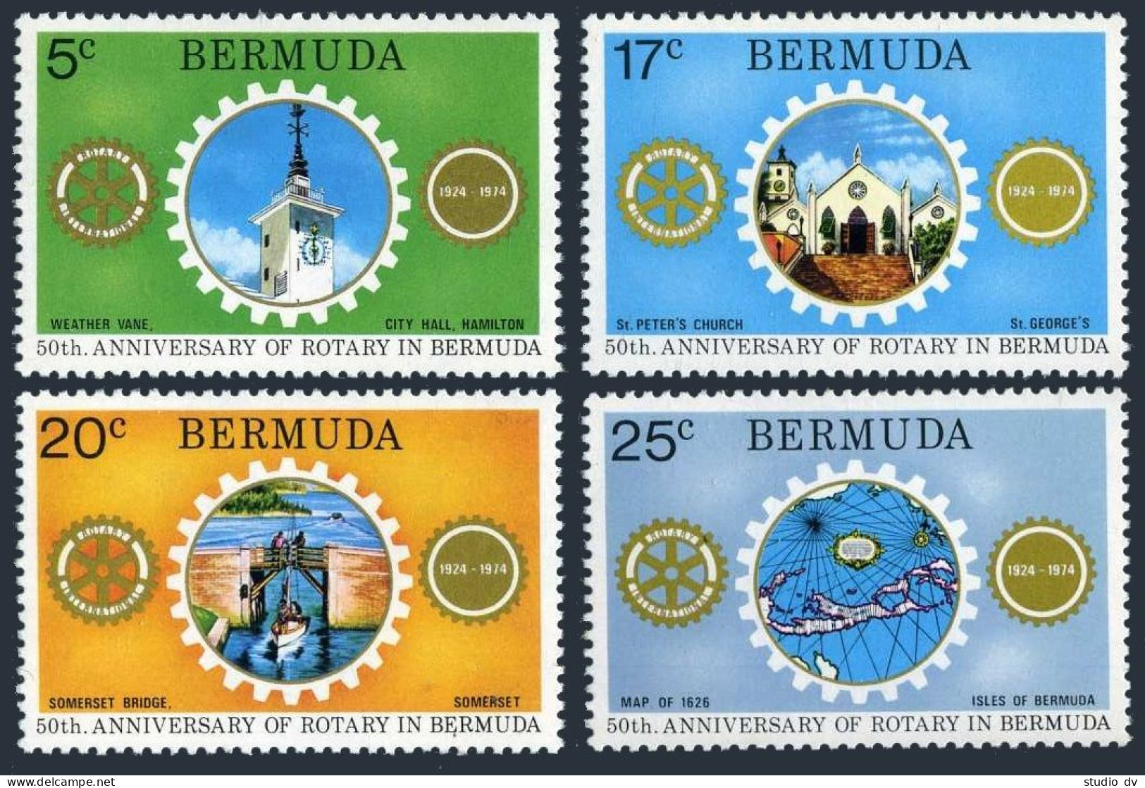 Bermuda 308-311,MNH. Rotary-50,1974.Peter's Church,Somerset Drawbridge,Ship,Map. - Bermuda