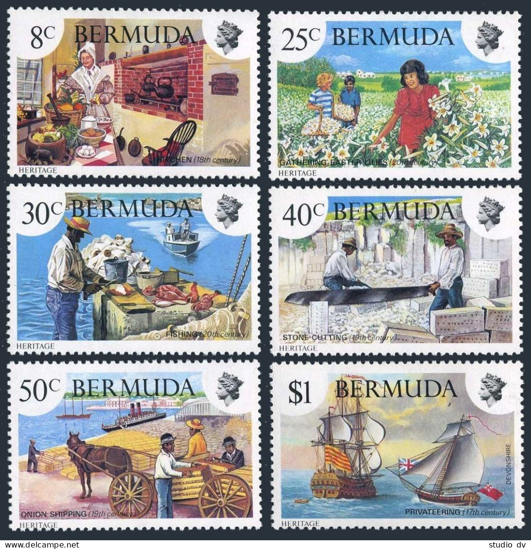 Bermuda 406-411,MNH.Michel 395-400. Historical Scenes,1981.Fisherman,Ship,Onion. - Bermuda