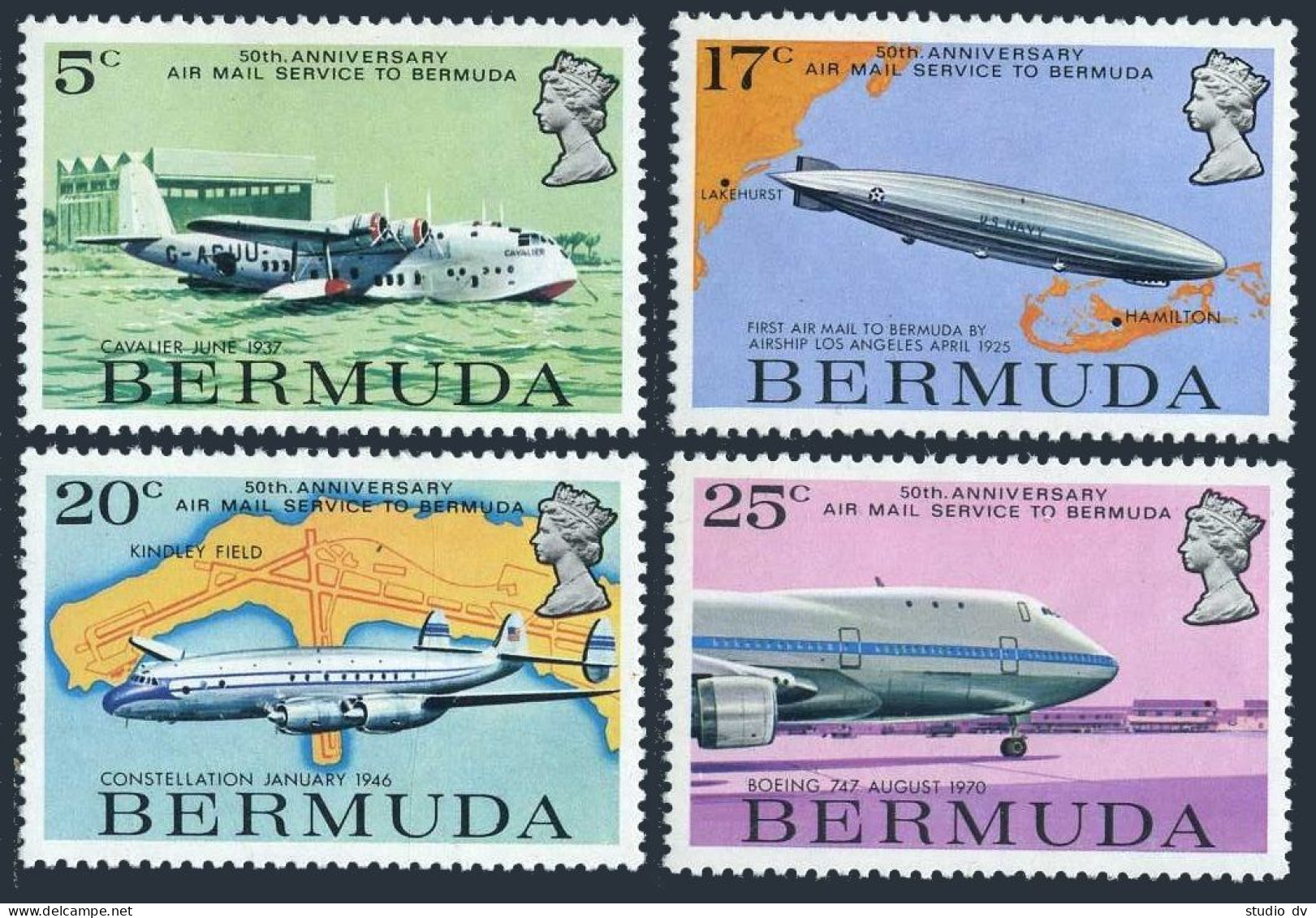 Bermuda 318-321,321a,MNH.Mi 207-310,Bl.2.Airmail Service-50,1975.Zeppelin,Planes - Bermuda