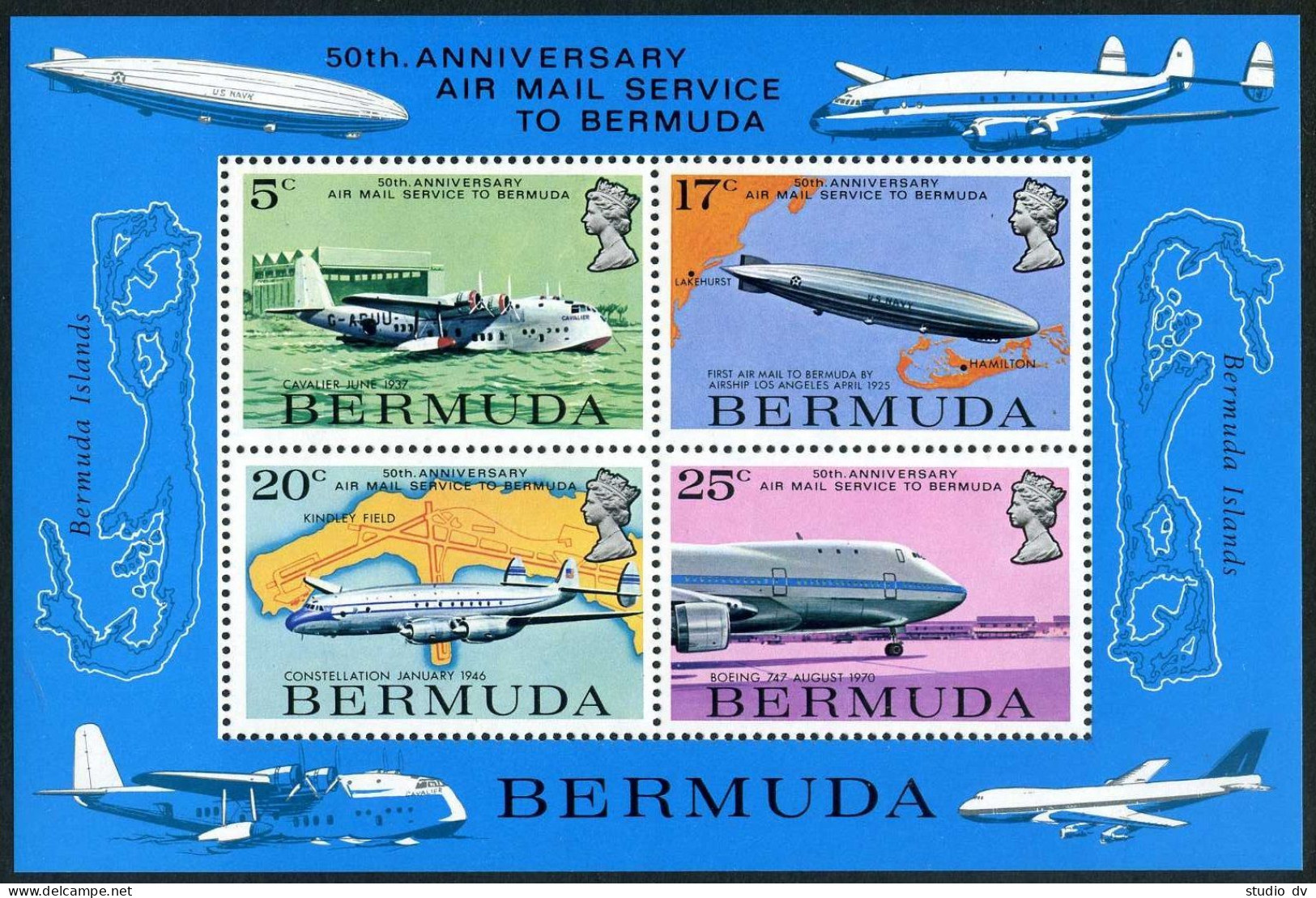 Bermuda 318-321,321a,MNH.Mi 207-310,Bl.2.Airmail Service-50,1975.Zeppelin,Planes - Bermudes