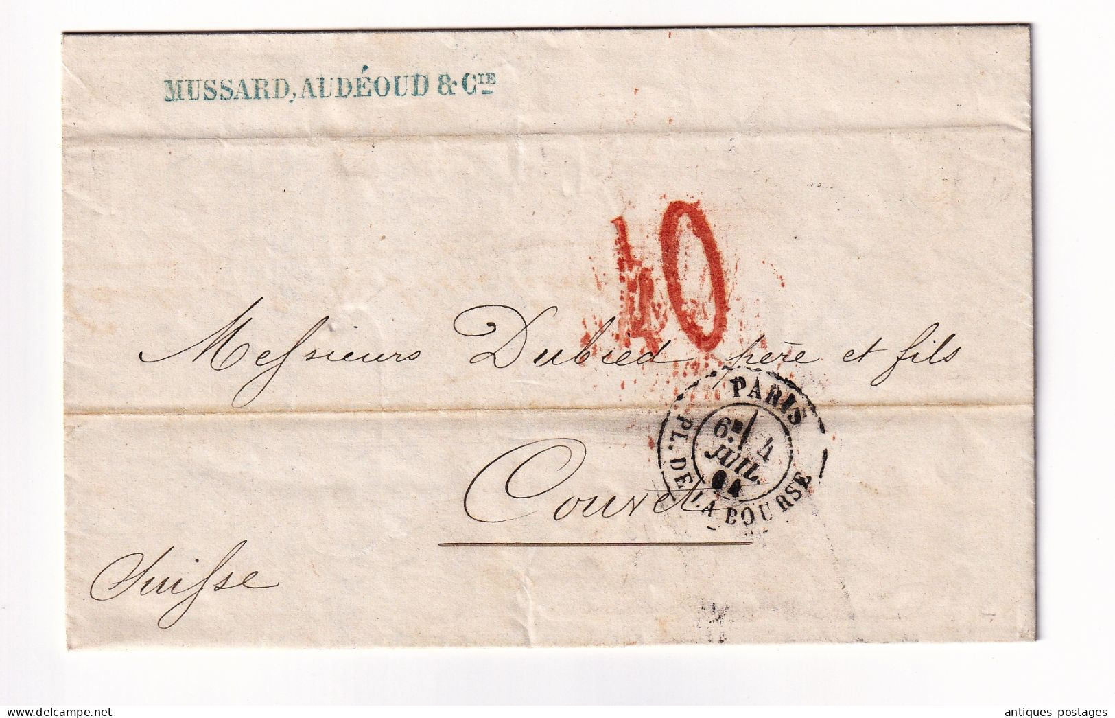 Lettre Paris 1864 Banque Mussard Audéoud & Cie Pour Couvet Suisse Dubied Père & Fils Fabriquant Absinthe Bank - 1849-1876: Klassik