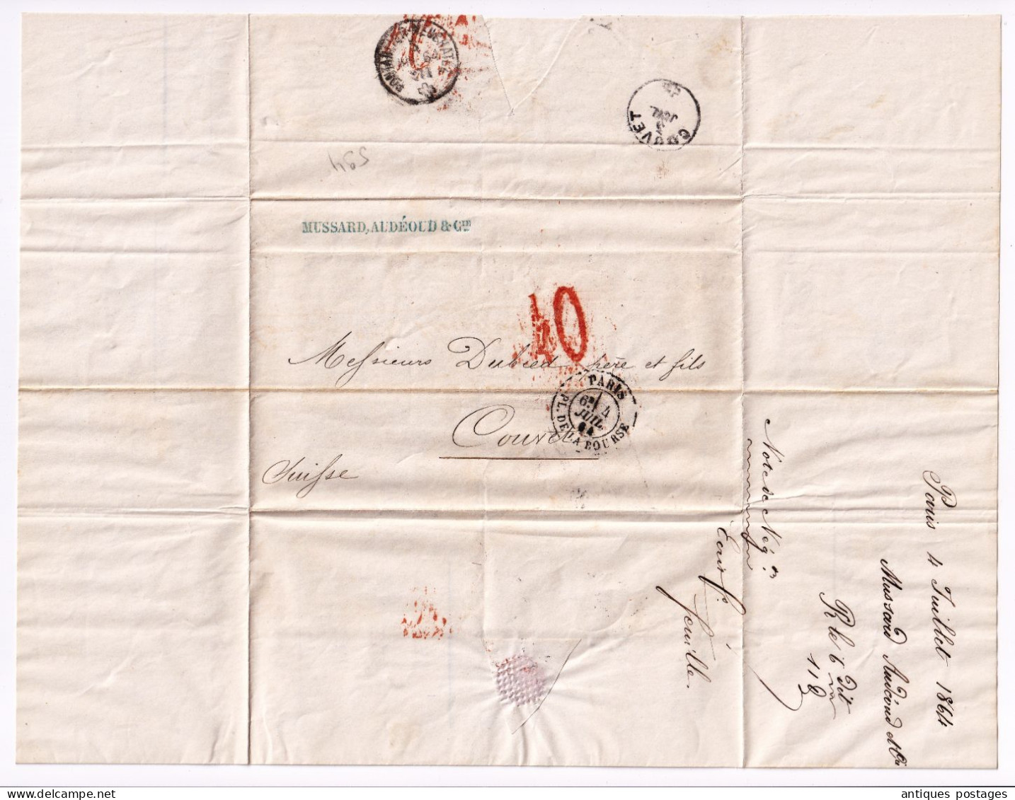 Lettre Paris 1864 Banque Mussard Audéoud & Cie pour Couvet Suisse Dubied Père & Fils Fabriquant Absinthe Bank