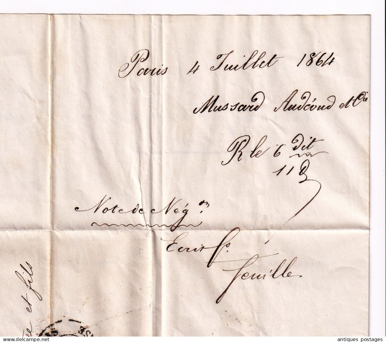 Lettre Paris 1864 Banque Mussard Audéoud & Cie pour Couvet Suisse Dubied Père & Fils Fabriquant Absinthe Bank