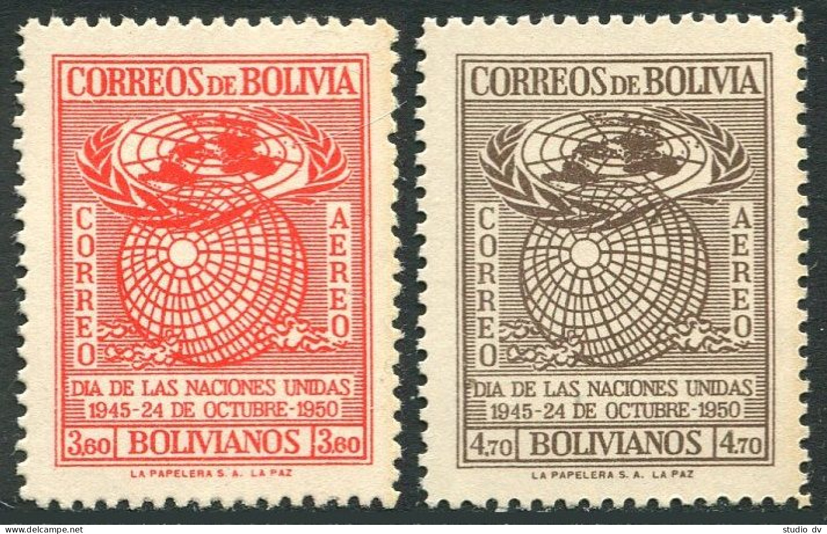 Bolivia C138-C139, Ninged. UN, 5th Ann. 1950. Globe. - Bolivia