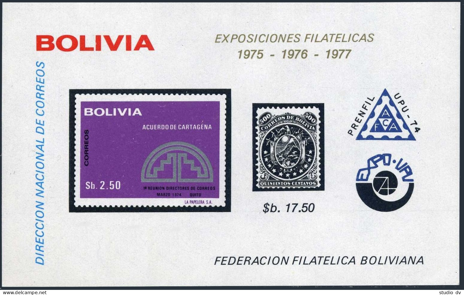 Bolivia 565a, Hinged. Mi Bl.49. 1st Meeting Of Postal Ministers. UPU-100, EXPO. - Bolivien