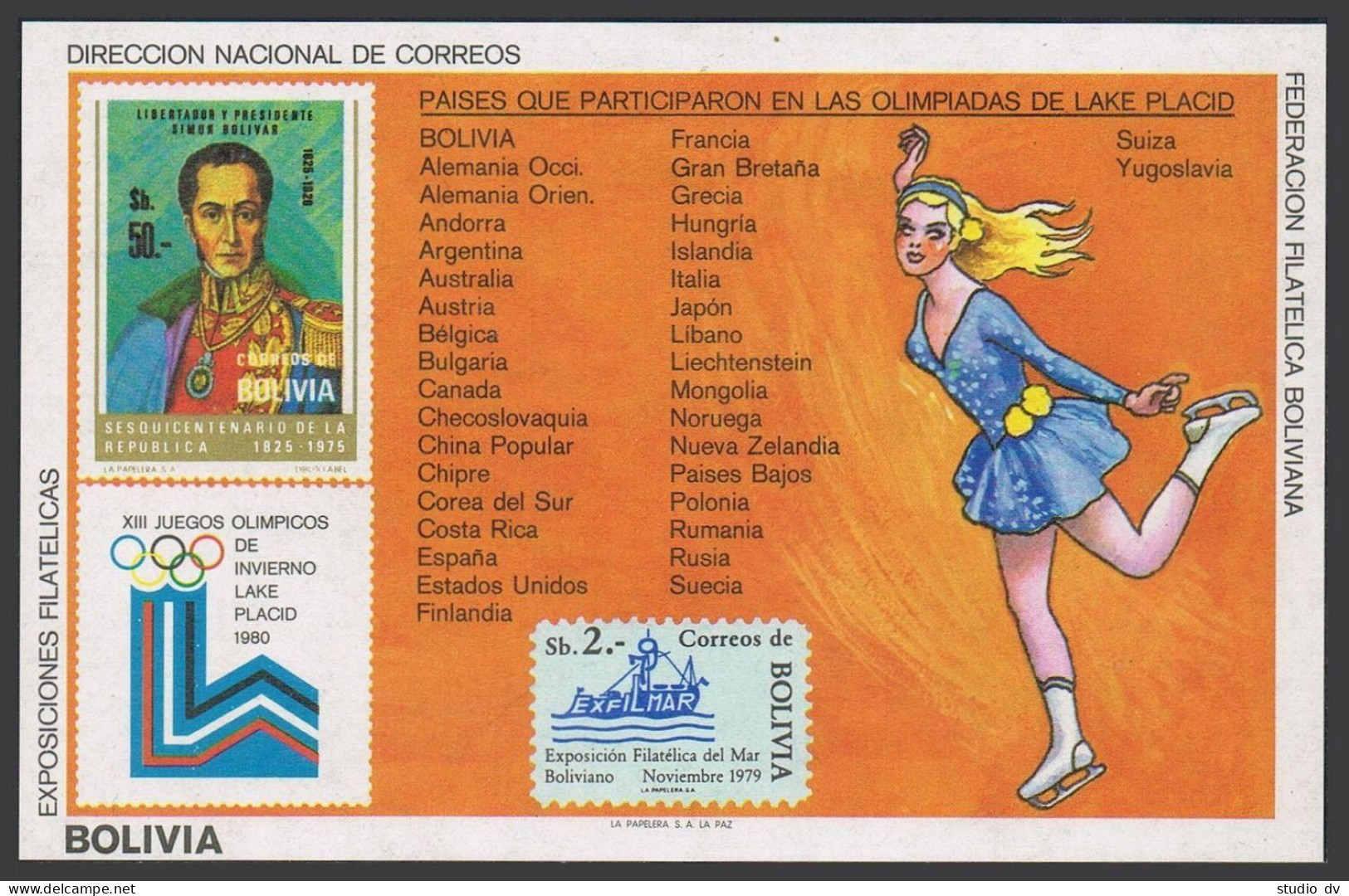 Bolivia 575/642, MNH. Michel Bl.103. Olympics Lake Placid-1980. Bolivar. - Bolivië