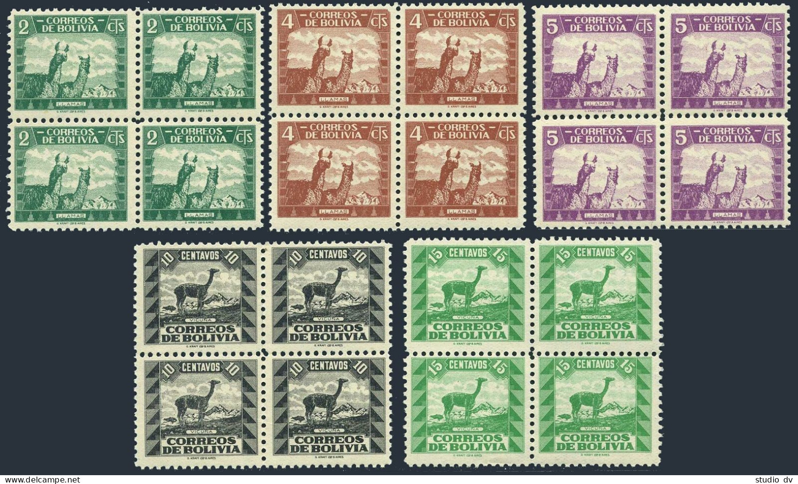 Bolivia 251-255 Blocks/4, MNH. Michel 292-296. Llamas, Vicuna, 1939. - Bolivie