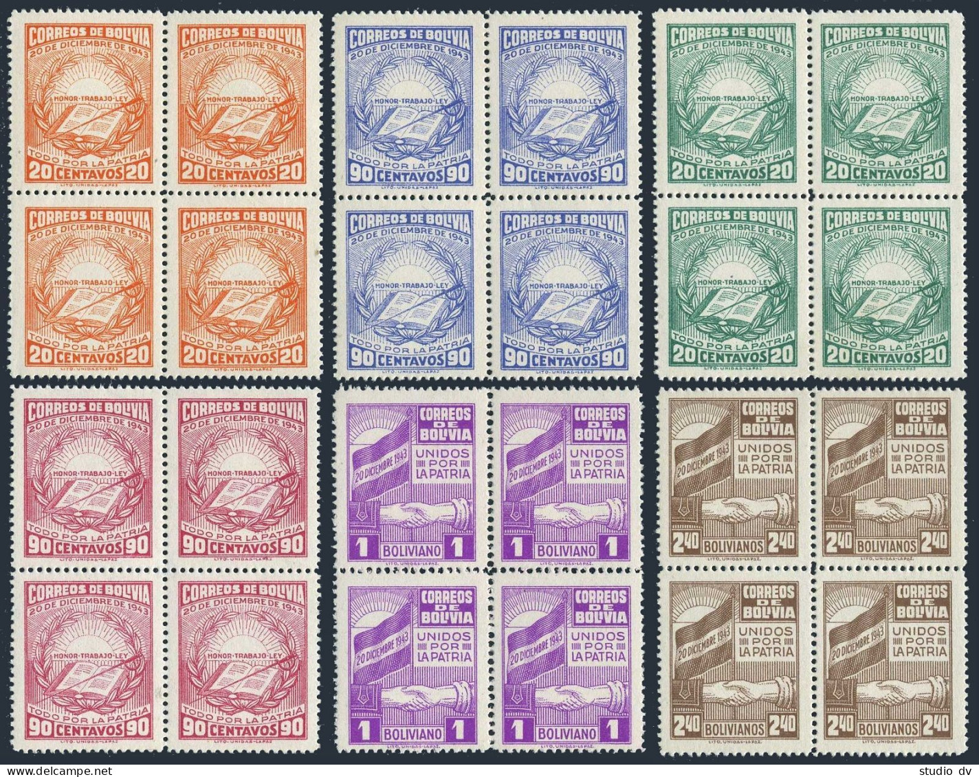 Bolivia 302-307 Blocks/4,MNH.Mi 372-377.Revolution Of December,20.1943.Arms,Flag - Bolivia