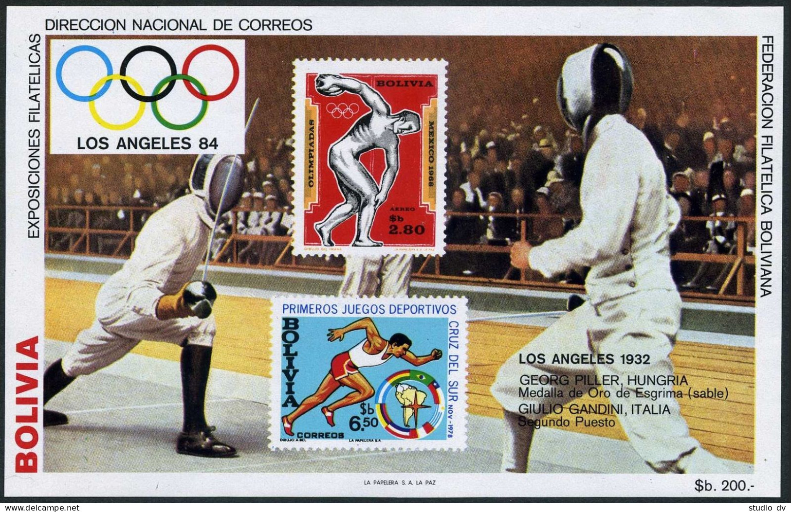 Bolivia C301 Note 2 Sheet.Mi Bl.135,MNH. Olympics Los Angeles-1984.Fencing. - Bolivia
