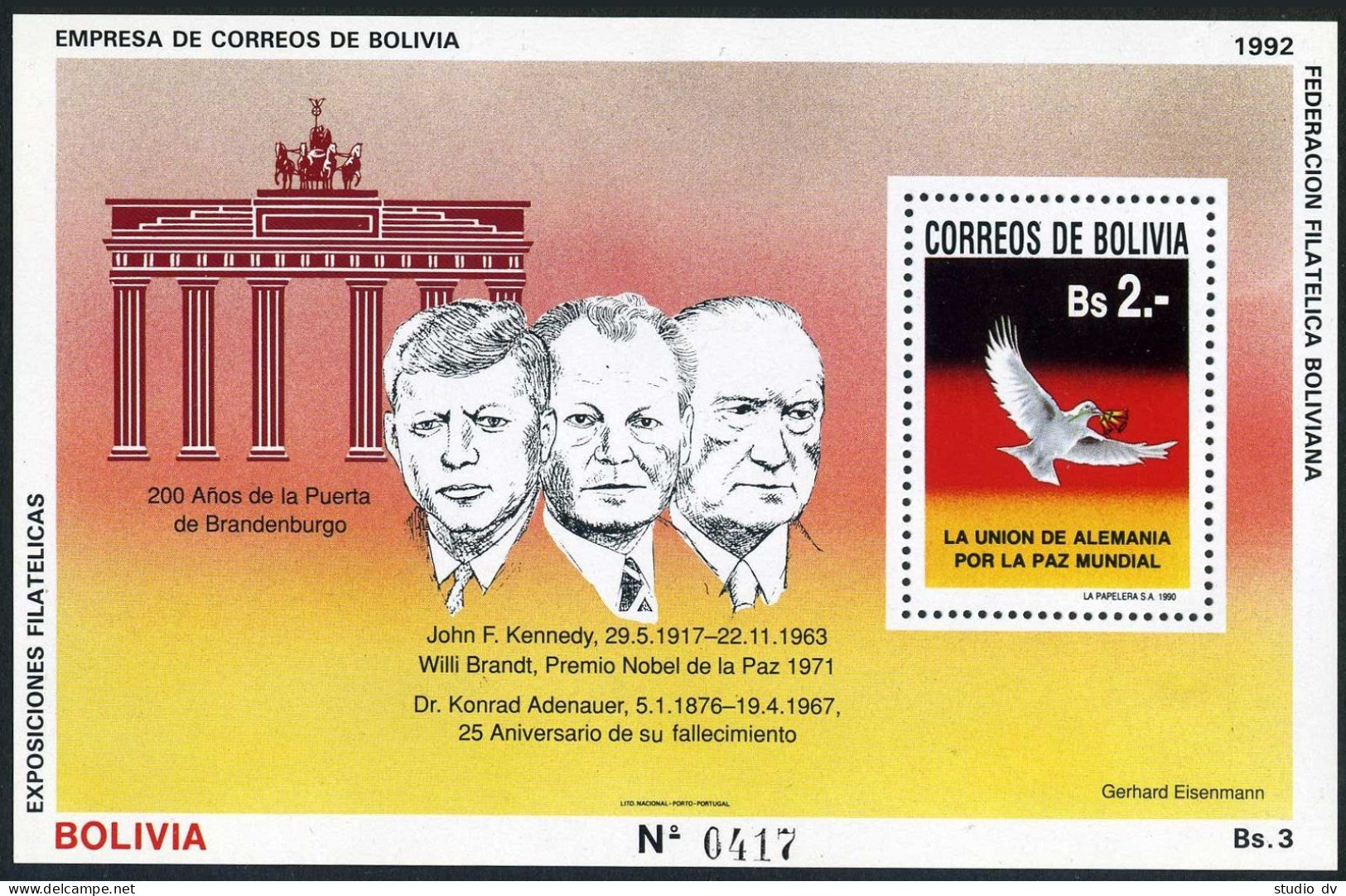 Bolivia 812b Sheet,MNH.Mi Bl.196. Port Of Brandenburg,200th Ann.Politicians.Dove - Bolivia