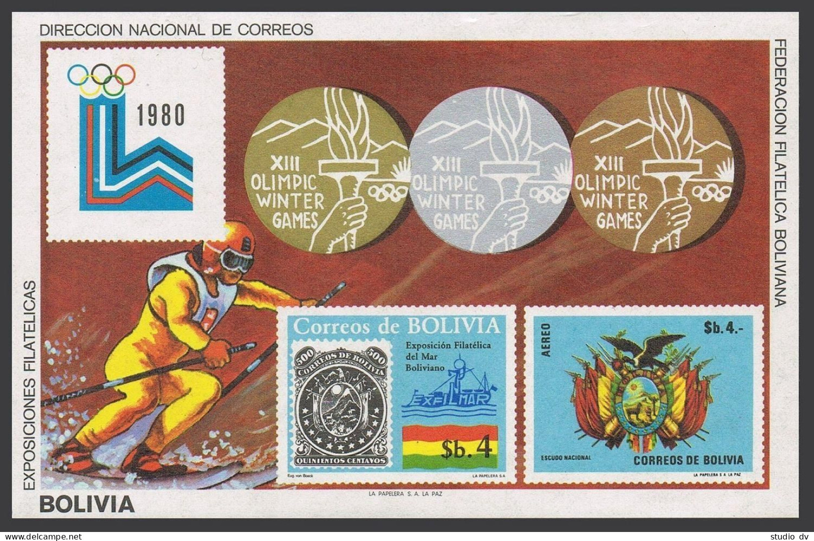 Bolivia C320/651 Note, MNH. Mi Bl.102. Olympics Lake Placid-1980. Coat Of Arms. - Bolivië