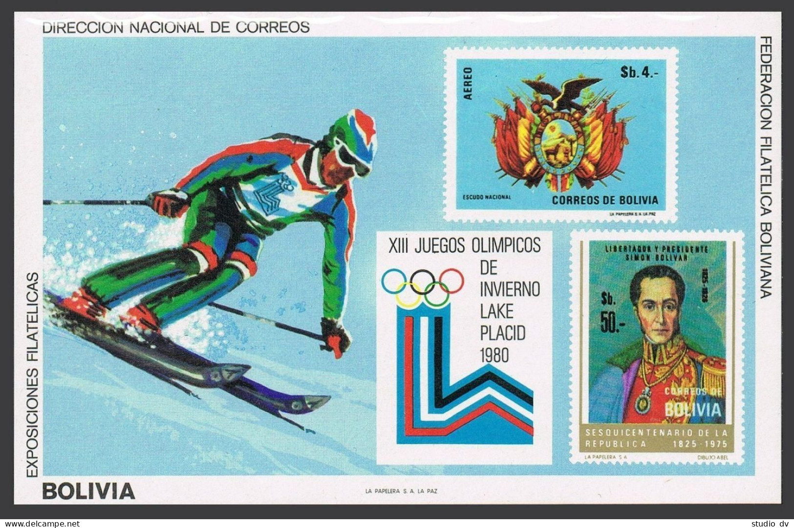 Bolivia 575/C320, MNH. Michel Bl.91. Olympics Lake Placid-1980. Simon Bolivar. - Bolivia