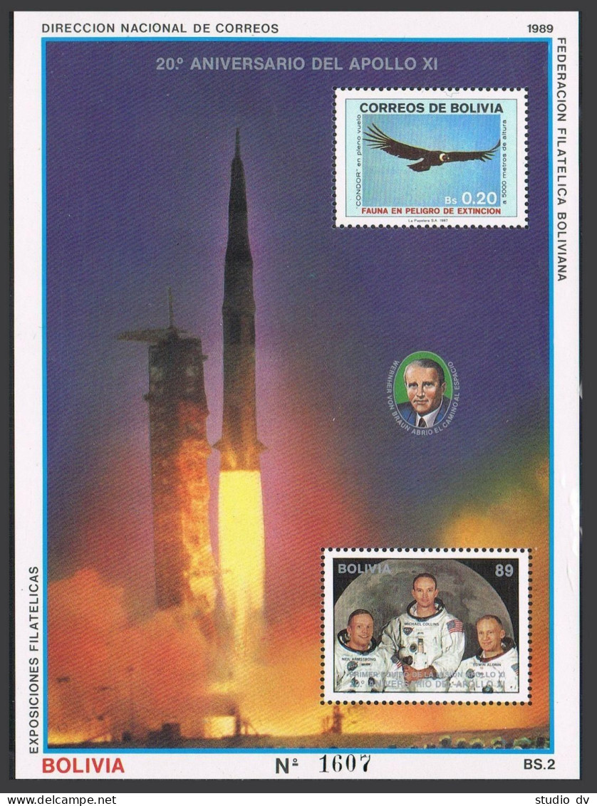 Bolivia 747 Note 1,MNH.Mi Bl.183,MNH. Apollo 11 Moon Landing,20th Ann.Condor. - Bolivien