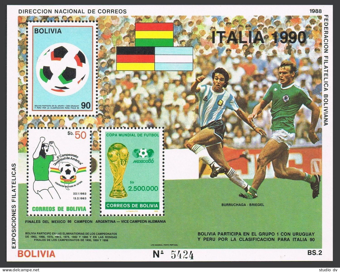 Bolivia 689 Note,MNH.Michel Bl.177. ITALY-1990 World Soccer Cup,1988. - Bolivien