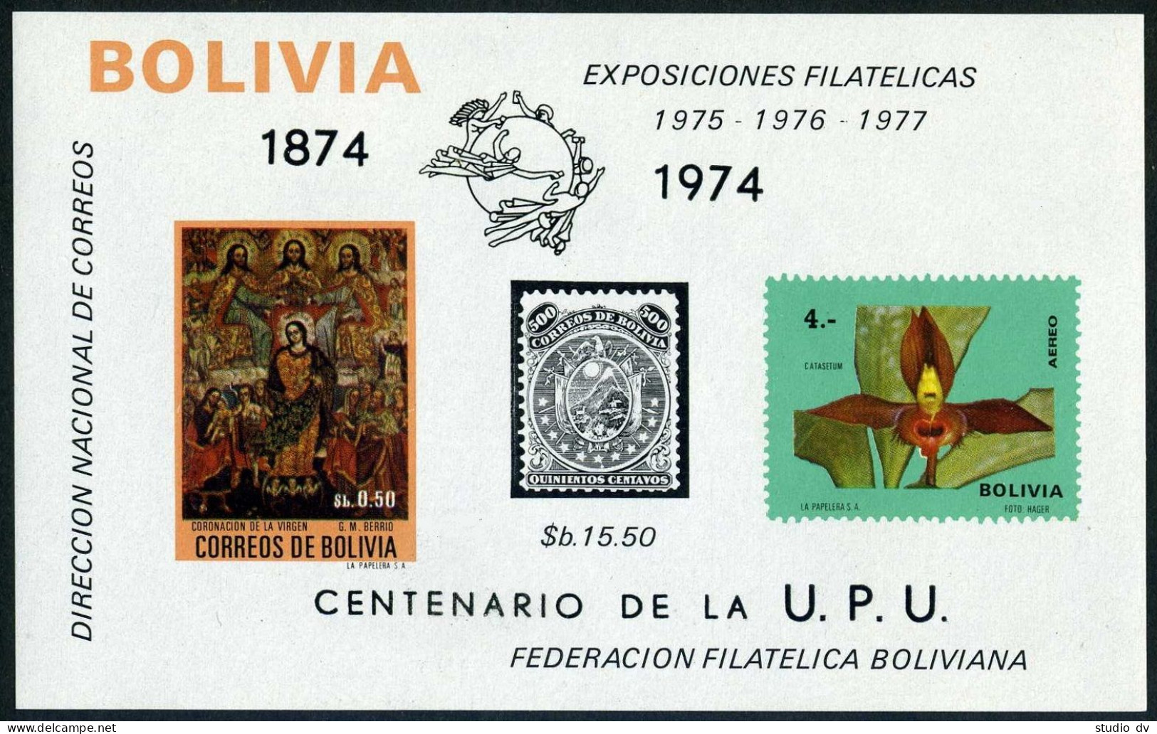 Bolivia 545C329a-547C327a Sheets. Mi Bl.45-46. UPU-100, 1974. Paintings, Orchids - Bolivië