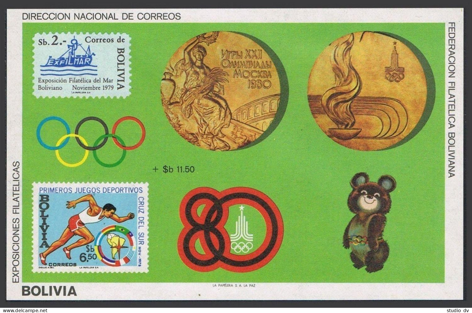 Bolivia 640f-640h Note 4, MNH. Mi Bl.100-101, MNH. Olympics Moscow-1980. Runner, - Bolivie