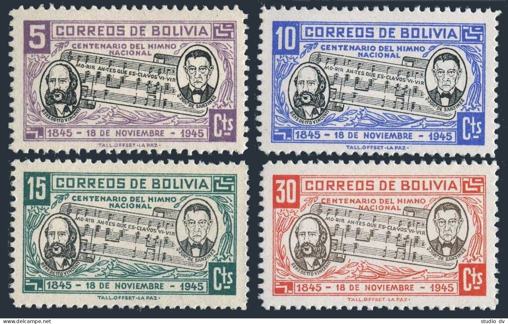 Bolivia 308-311, MNH. National Anthem-100,1946. L.B.Vincenti,Joseph De Sanjines. - Bolivia